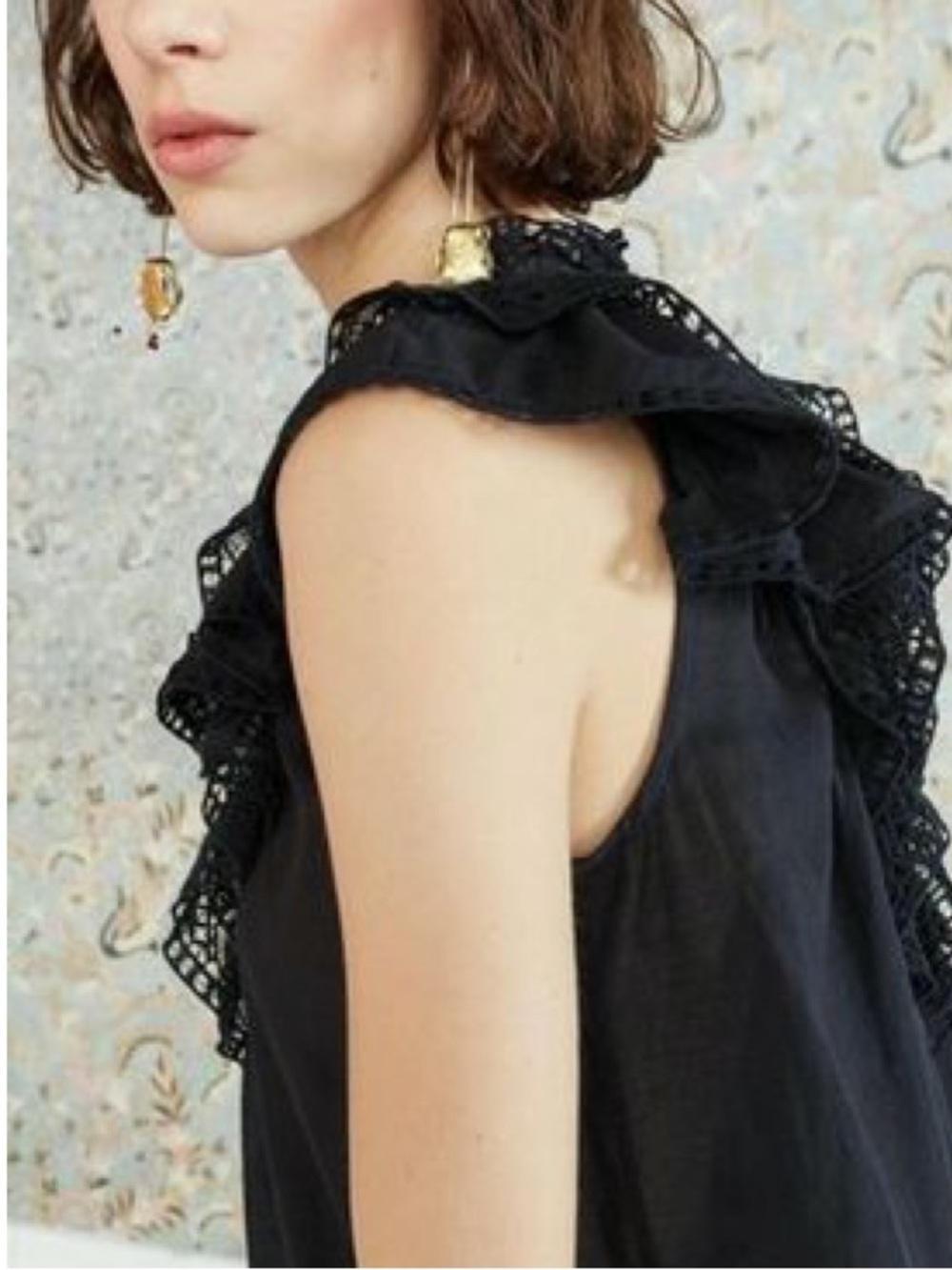 Ulla Johnson Black Crochet Bib Flutter-Sleeve Blouse